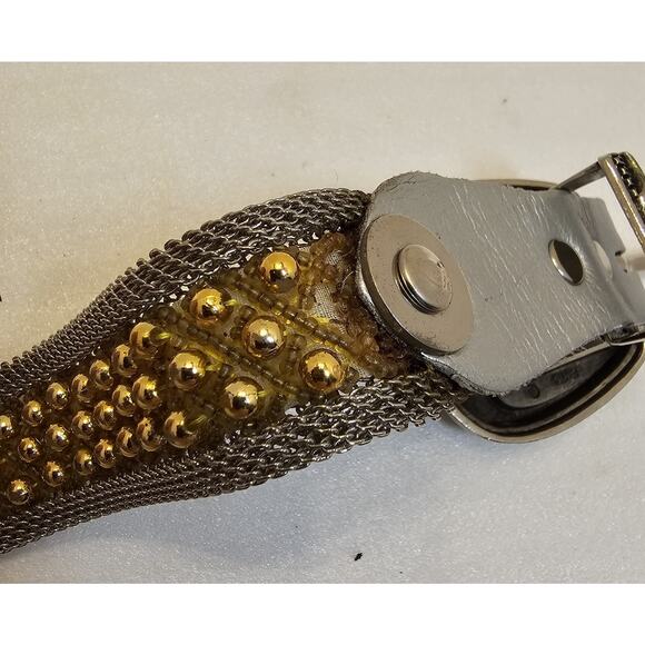 Vintage USMECO Silver Woven Mesh Metal Braided Studded Leather Belt w/gold Bead - Picture 5 of 14